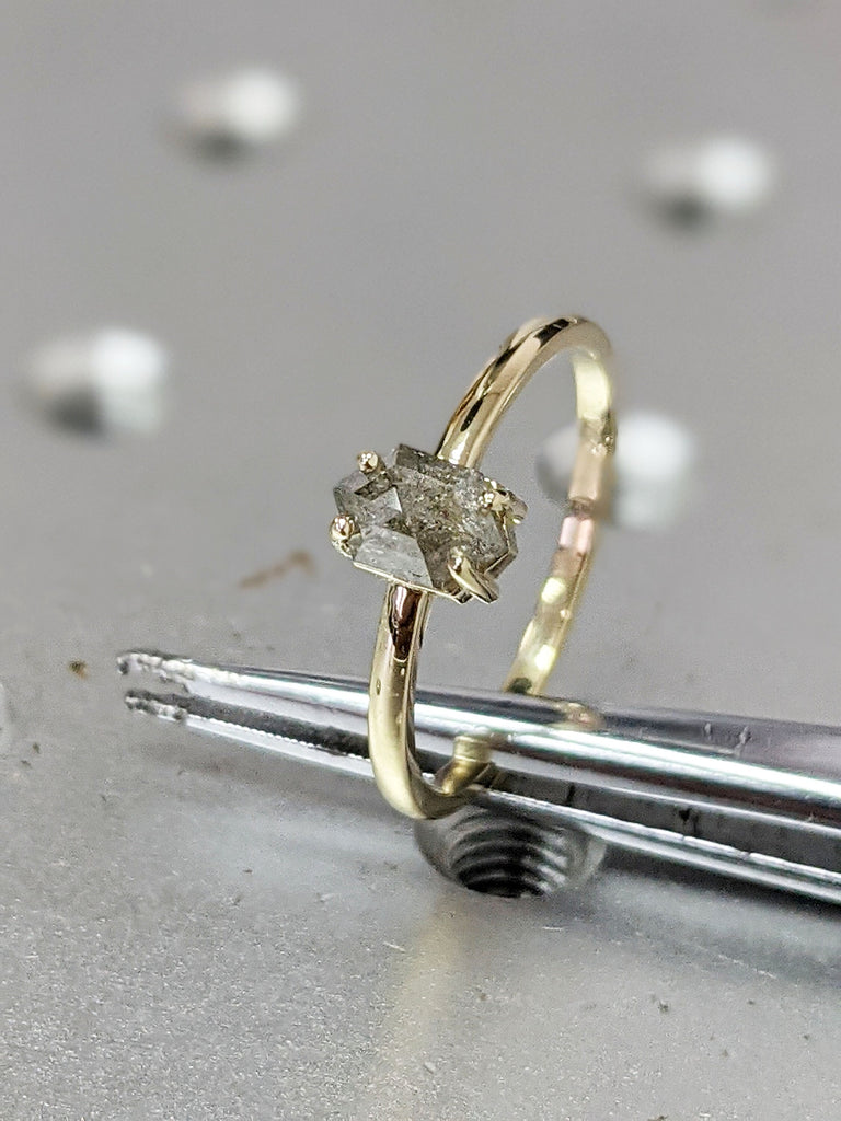 Bright 0.5ct Raw Diamond, Salt and Pepper, Hexagon, Unique Engagement Ring, Rose Cut Geometric Diamond Ring, 14k Gold, Custom Handmade