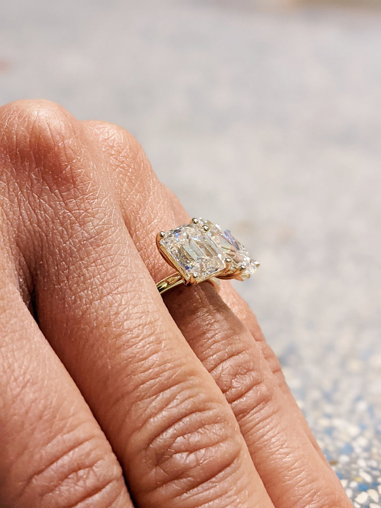 Double Stone Celebrity Engagement Ring with Full White Emerald and Pear Cut Moissanite in 14K/18K Solid Yellow/White/Rose Gold