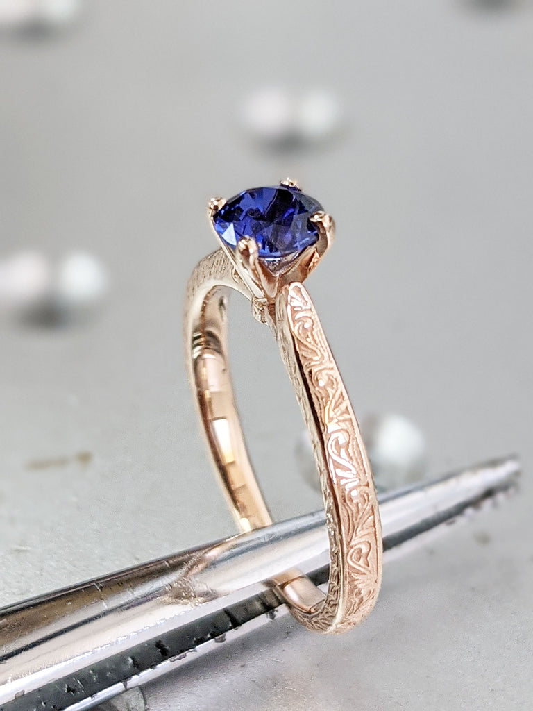 Blue Sapphire Engagement Ring, Vintage Inspired Sapphire Ring, Rose/Yellow/White Gold Round Sapphire Ring, Sapphire Ring