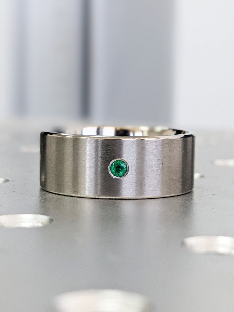 Brushed Titanium Ring, Mens Wedding Band, Wide Band Ring, Unique Wedding Band, Green Emerald Band, Green Emerald Ring, Mens Wedding Ring