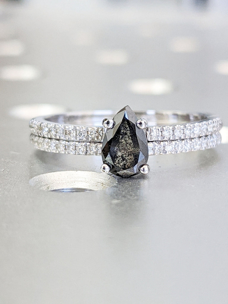 0.5ct 1920's Raw Salt and Pepper Diamond, Pear Diamond Ring, Unique Engagement Bridal Set, Black, Gray Pear, 14k Yellow, Rose, or White Gold