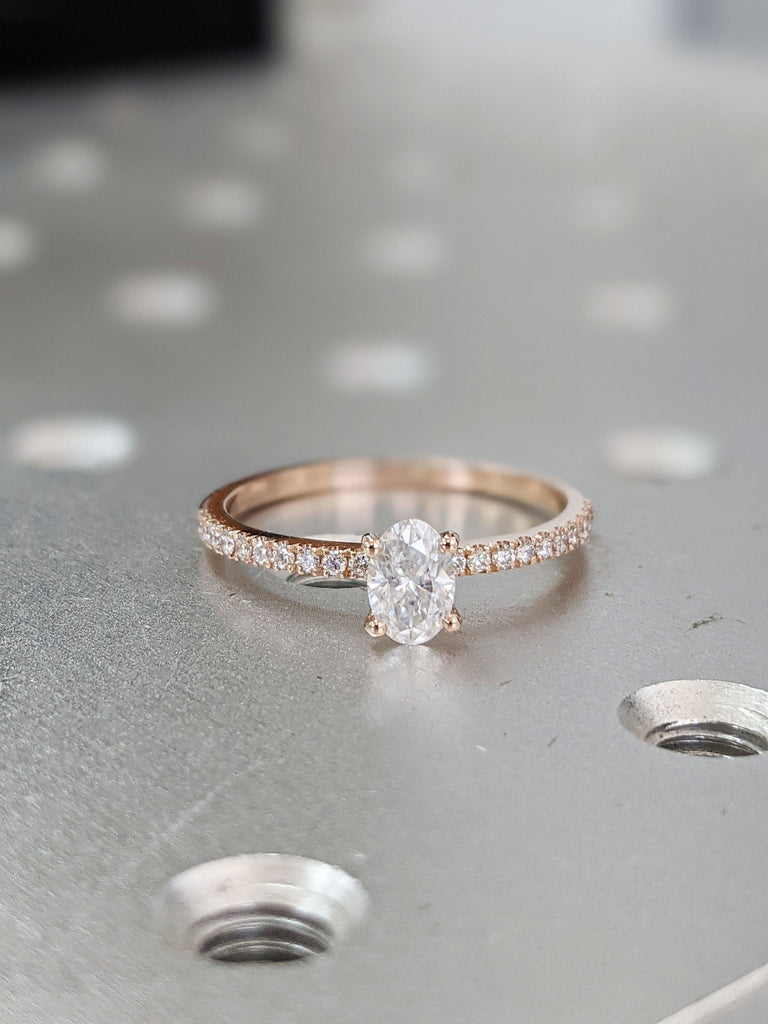 0.5cts Moissanite Oval Engagement Ring, Oval 6x4mm Moissanite and Diamond Solitaire Wedding Ring, Rose Gold Moissanite Ring