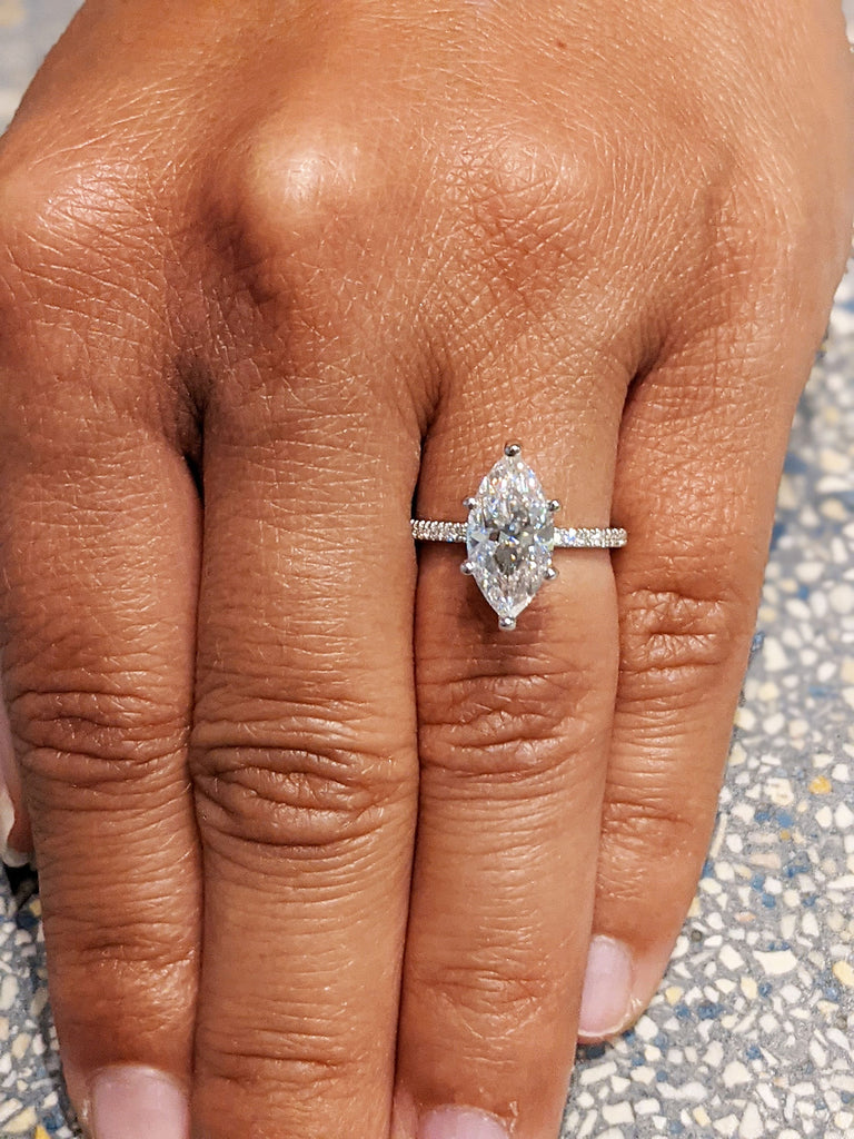 1-3CT Marquise Cut Moissanite Engagement Ring | Solid Gold Marquise Engagement Ring | Paved Diamond Eternity Band | Delicate Promise Ring