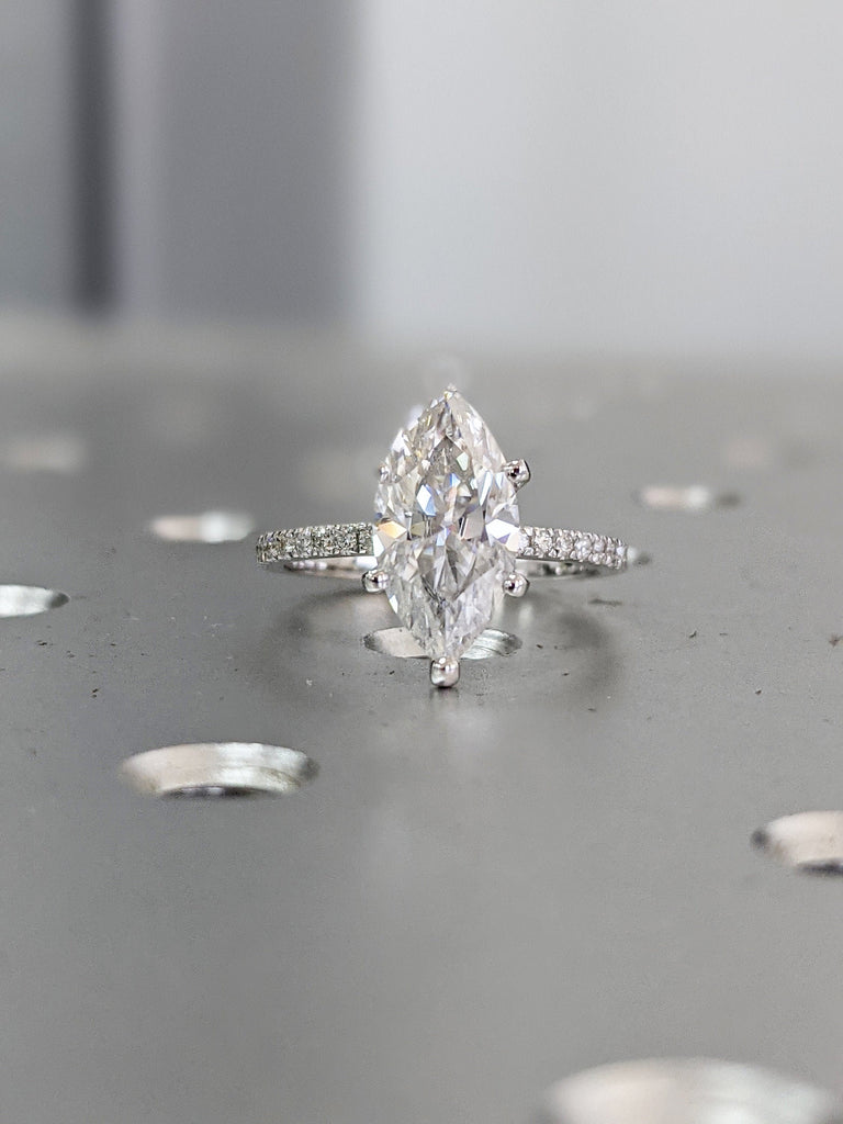 14k White Gold Thin Engagement Ring with Half Eternity Band: Marquise cut VVS Moissanite