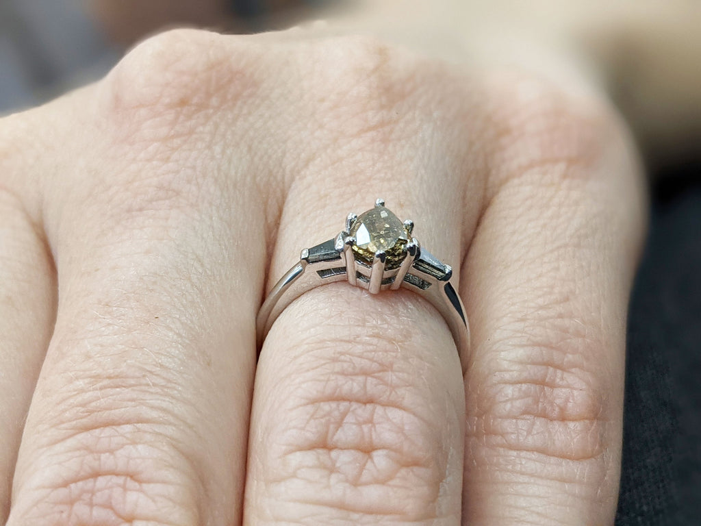 Pear Shaped Salt And Pepper Diamond Bridal, Yellow Diamond Baguette Ring, Salt And Pepper Tapered Baguette Pear Ring, Pear Engagement Ring