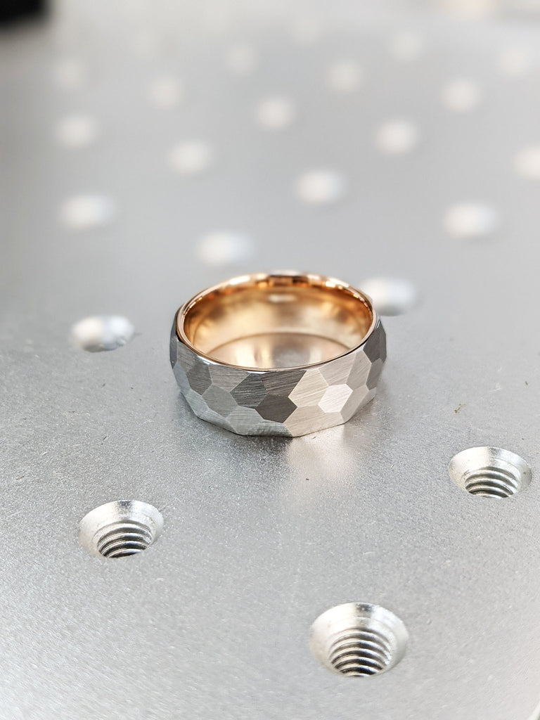 8mm Tungsten Ring, Ring for Men, Wide Hammered Ring, Domed Ring, Wide Band Ring, Rose Gold Plated Interior, Comfort Fit Hypoallergenic Ring