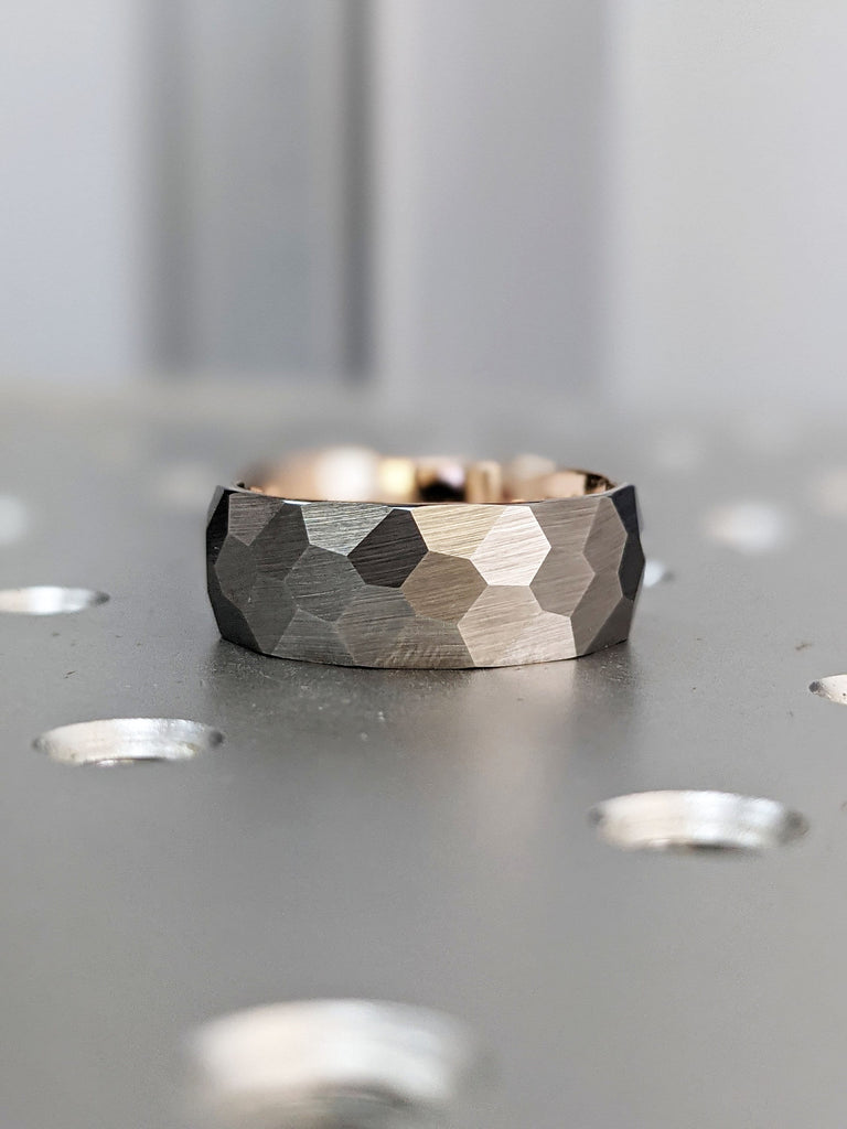 8mm Tungsten Ring, Ring for Men, Wide Hammered Ring, Domed Ring, Wide Band Ring, Rose Gold Plated Interior, Comfort Fit Hypoallergenic Ring