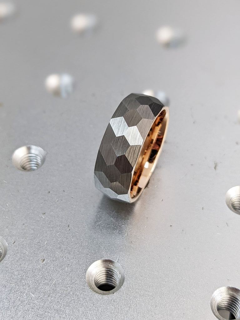 8mm Tungsten Ring, Ring for Men, Wide Hammered Ring, Domed Ring, Wide Band Ring, Rose Gold Plated Interior, Comfort Fit Hypoallergenic Ring