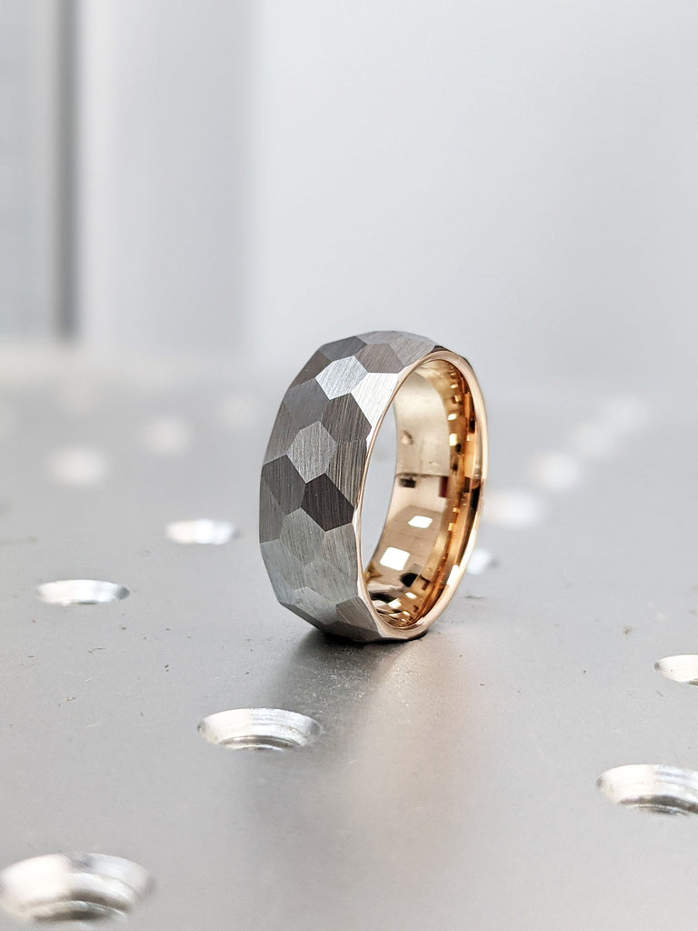 8mm Tungsten Ring, Ring for Men, Wide Hammered Ring, Domed Ring, Wide Band Ring, Rose Gold Plated Interior, Comfort Fit Hypoallergenic Ring