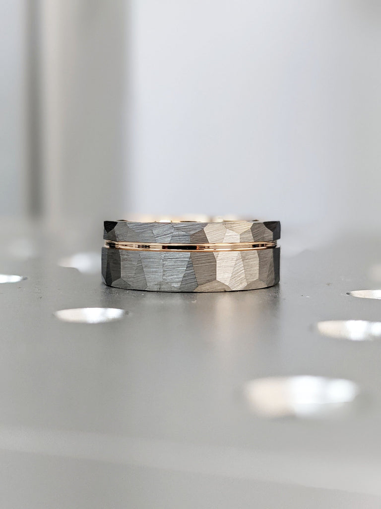 8MM Rose Gold Tungsten Carbide Comfort Fit Mens Engagement Ring | Male Promise Ring | Brushed Finish Hammered Ring | Tungsten Wedding Band