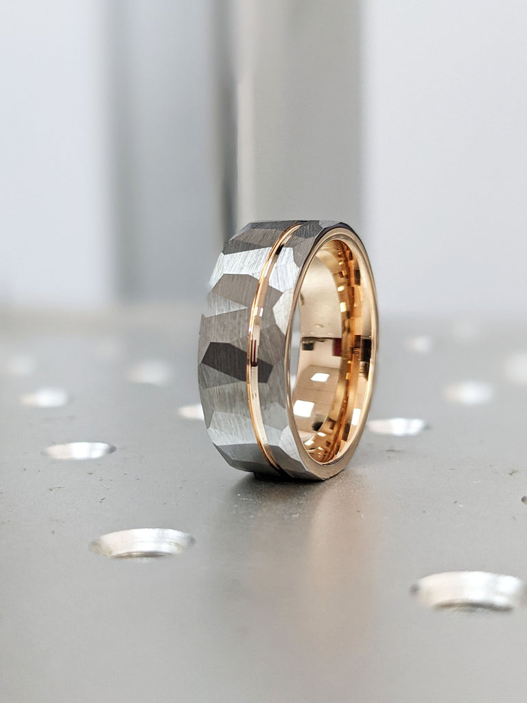 Male Promise Ring Gunmetal Tungsten Carbide: 8MM Wide Band, Hammered Brushed Finish with Rose Gold Groove