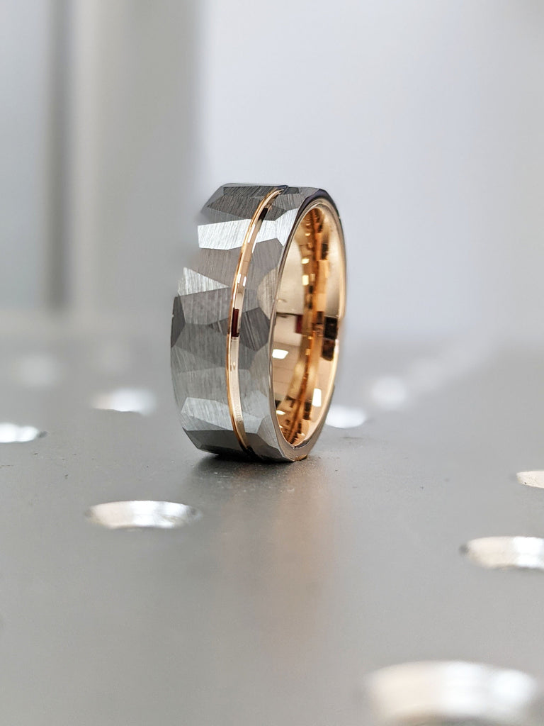 8MM Rose Gold Tungsten Carbide Comfort Fit Mens Engagement Ring | Male Promise Ring | Brushed Finish Hammered Ring | Tungsten Wedding Band