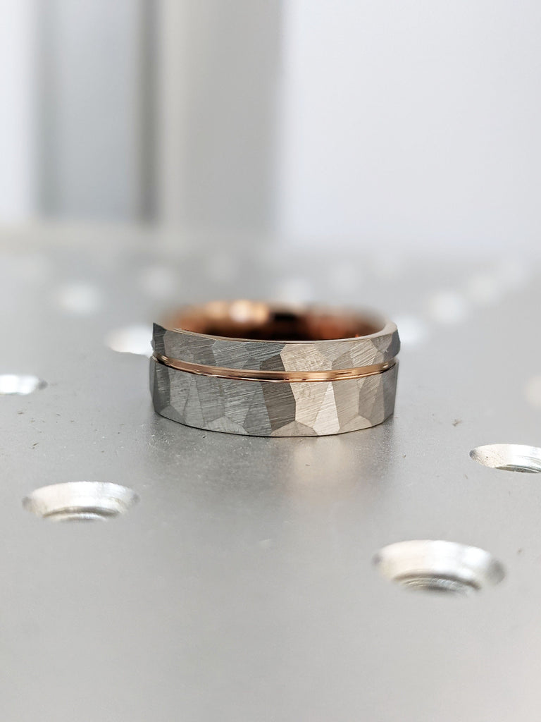 Espresso Tungsten Carbide Ring Wedding Bands Set | 8MM,6MM Women & Men Rose Gold Wedding Ring | Brushed Finish Hammered Tungsten Ring
