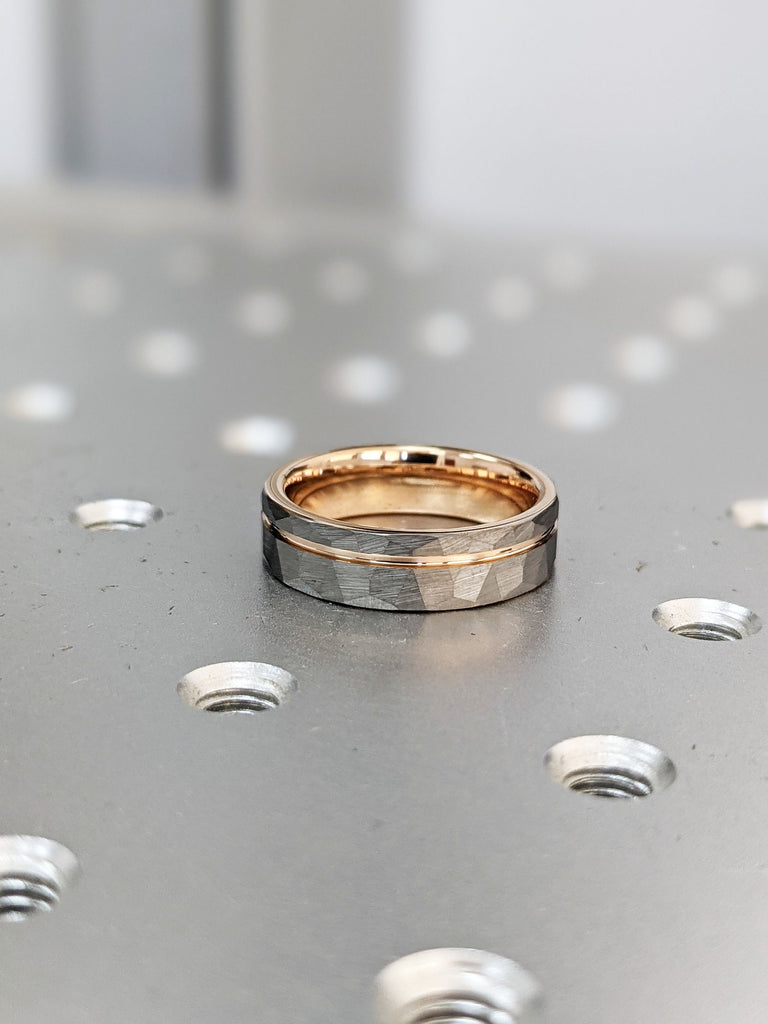 6MM Tungsten Ring | Rose Gold Tungsten Carbide Unisex Wedding Ring | Comfort Fit Male Engagement Ring | Hammered Top Rustic Manly Band