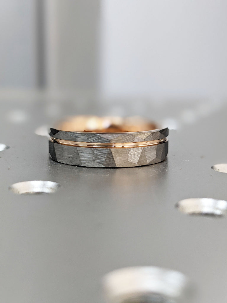 6MM Tungsten Ring | Rose Gold Tungsten Carbide Unisex Wedding Ring | Comfort Fit Male Engagement Ring | Hammered Top Rustic Manly Band