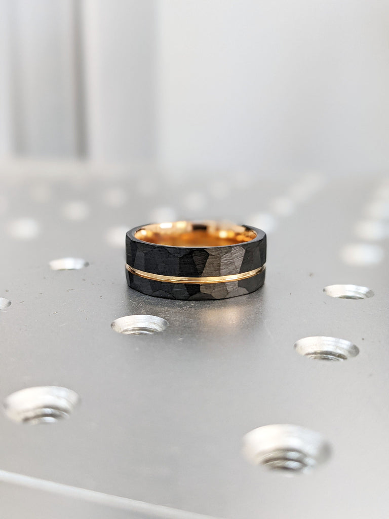 8MM Comfort Fit Men Wedding Bands | Black and Rose Gold Tungsten Carbide Ring | Hammered Tungsten Ring for Him | Rustic Engagement Jewelry
