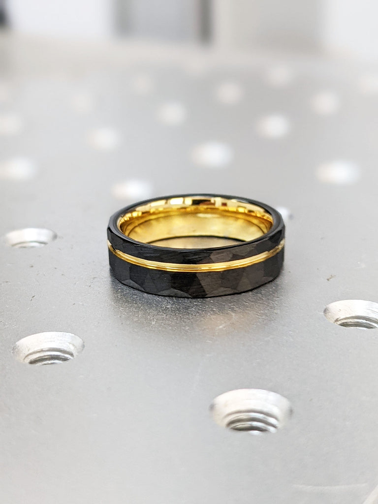 Men’s 6mm Yellow Gold Inlay Black Hammered Tungsten Wedding Ring, Comfort Fit Engagement Band