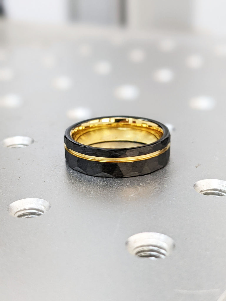 Men’s Tungsten Wedding Band, 6mm Yellow Gold Black Hammered Tungsten Ring, Comfort Fit Men’s Engagement Band, Men's Everyday Wear Ring Gifts