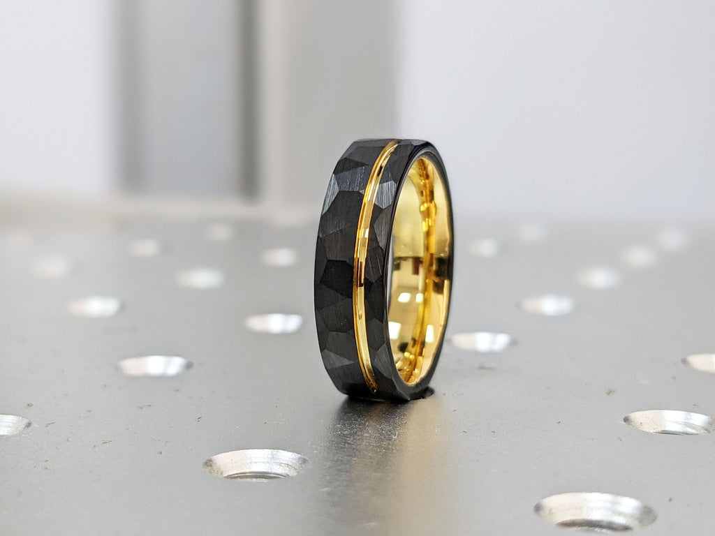 Men’s Tungsten Wedding Band, 6mm Yellow Gold Black Hammered Tungsten Ring, Comfort Fit Men’s Engagement Band, Men's Everyday Wear Ring Gifts