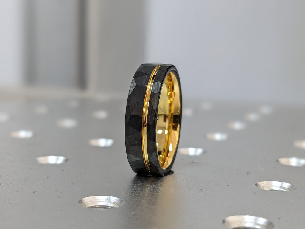 Men’s 6mm Yellow Gold Inlay Black Hammered Tungsten Wedding Ring, Comfort Fit Engagement Band