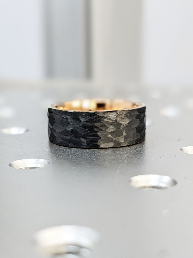 Black Tungsten Rose Gold 8MM Men's Wedding Ring | Handmade Rough Faceted Black Rhodium Men Wedding Band | Comfort Fit Tungsten Ring for Him