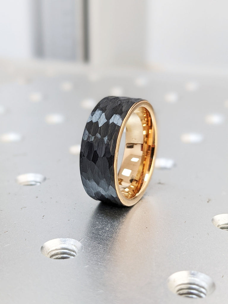 Black Tungsten Rose Gold 8MM Men's Wedding Ring | Handmade Rough Faceted Black Rhodium Men Wedding Band | Comfort Fit Tungsten Ring for Him