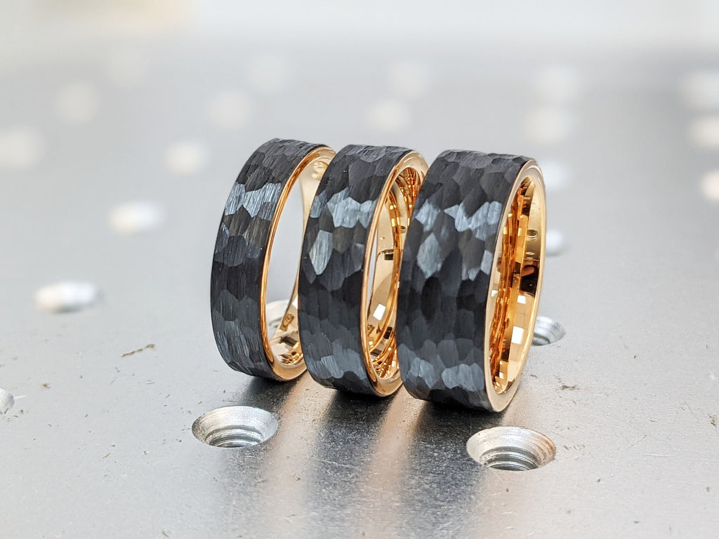 Black Tungsten Rose Gold 8MM Men's Wedding Ring | Handmade Rough Faceted Black Rhodium Men Wedding Band | Comfort Fit Tungsten Ring for Him