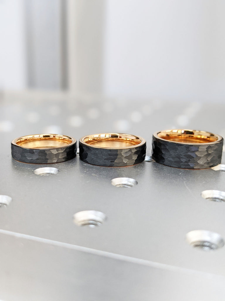 Comfort Fit Black Wedding Ring for Him or Her: 5MM Wide, Brushed Hammered Black Rhodium Plated Tungsten, Rose Gold Inner Band