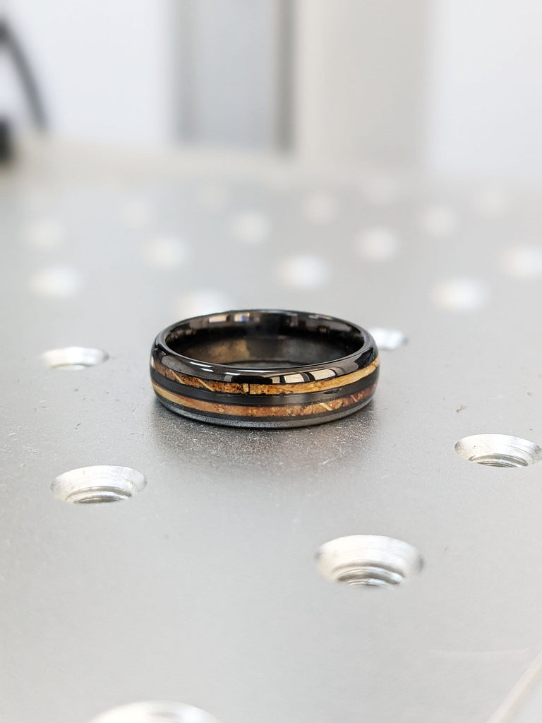 6MM Koa Wood Mens Wedding Band: Black Tungsten Carbide, Polished Finish, Dome Shape