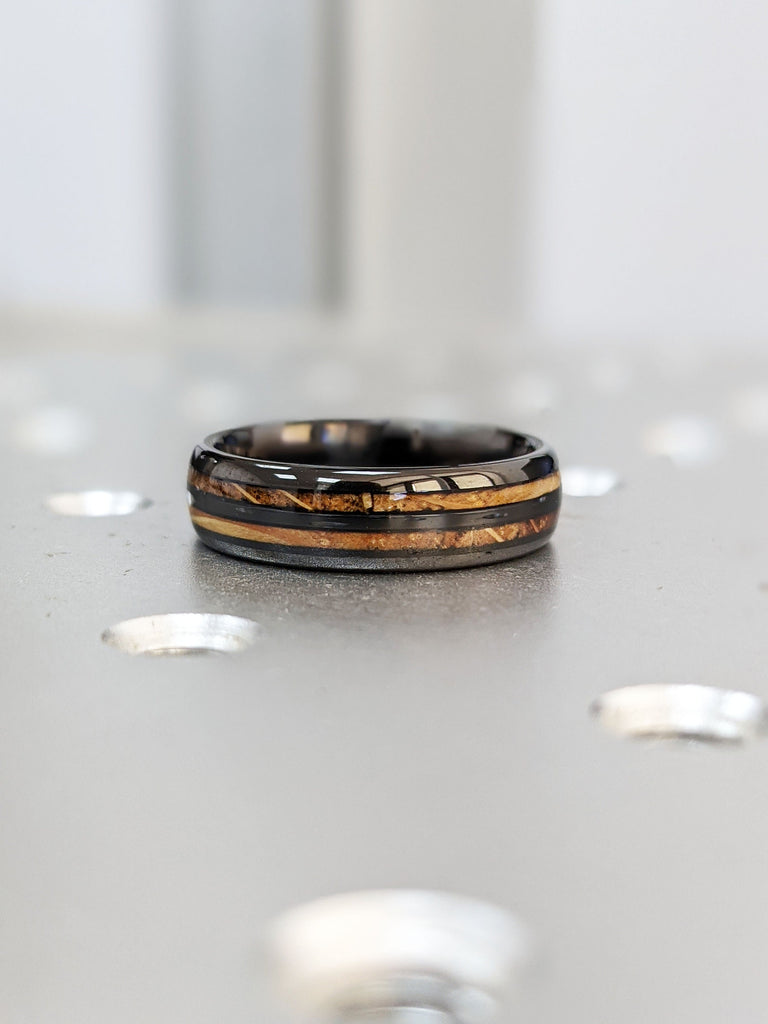 Rustic Male Engagement Ring | 6MM Wide Dome Shape Black Tungsten Ring | Natural Koa Wood Men Wedding Ring | Gothic Jewelry Gift for Husband