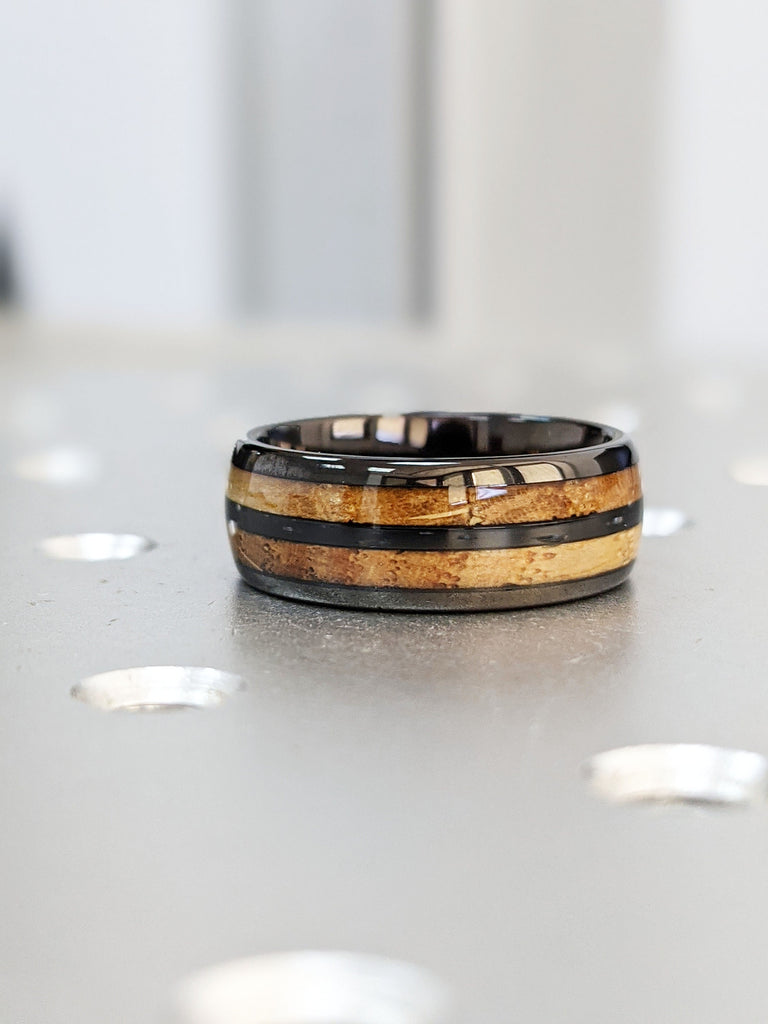 Polished Black Plated Tungsten Male Engagement Ring | Double Koa Wood Inlay Dome Shaped Wedding Band | Black Mens Ring | Rustic Wedding Ring