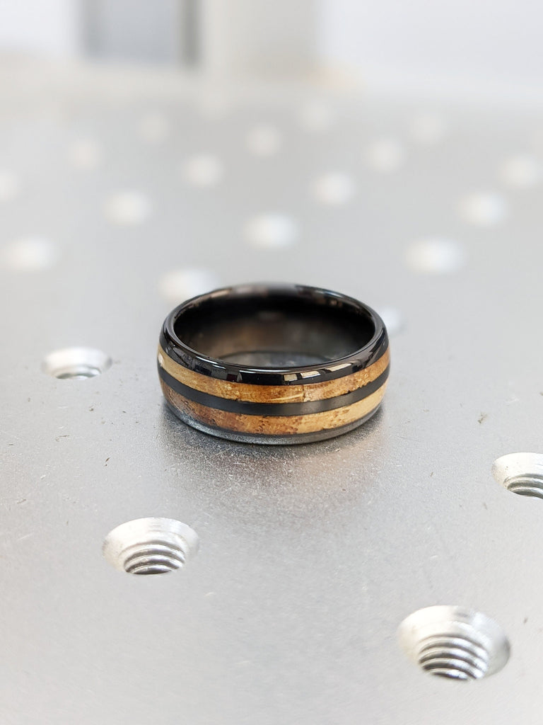 Polished Black Plated Tungsten Male Engagement Ring | Double Koa Wood Inlay Dome Shaped Wedding Band | Black Mens Ring | Rustic Wedding Ring