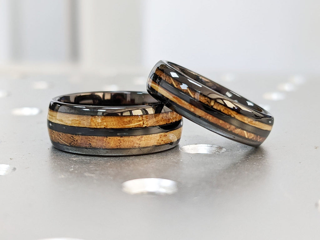 Polished Black Plated Tungsten Male Engagement Ring | Double Koa Wood Inlay Dome Shaped Wedding Band | Black Mens Ring | Rustic Wedding Ring