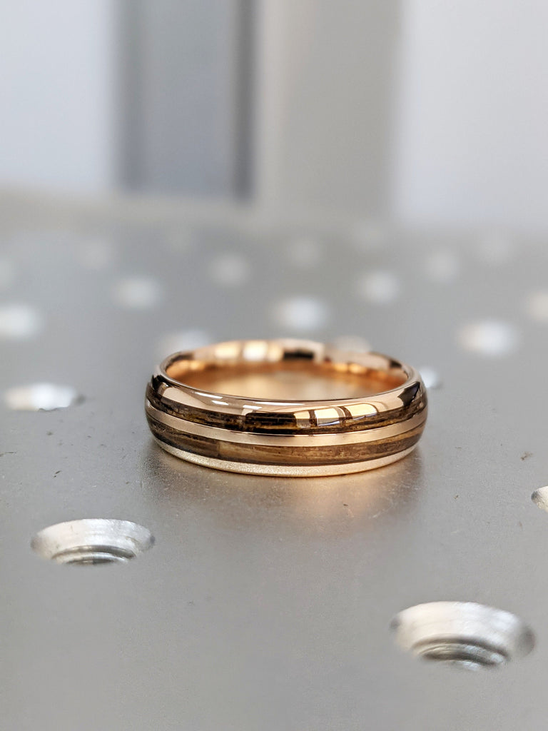 6mm Tungsten Ring for Men | Rose Gold Wooden Wedding Band with Koa Wood and Opal Pattern Inlay