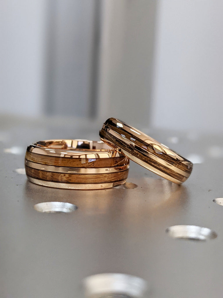 Koa Wood Ring Domed 8mm Male Wedding Bands | Whiskey Barrel Wooden Wedding Rings | Rose Gold Plated Tungsten Rings For Men | Manly Bands