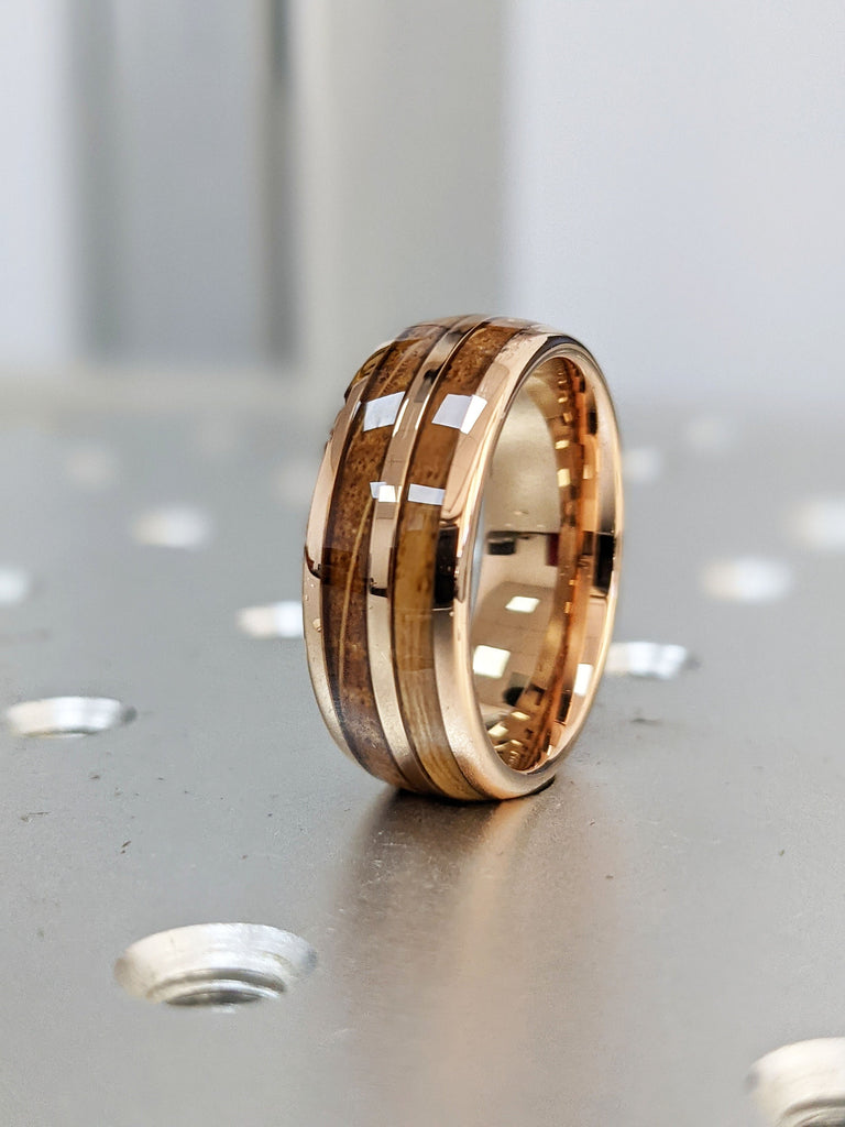 Unique Mens Wedding Bands with Wood and Opal Pattern Inlay: Rose Gold Plated Tungsten Ring