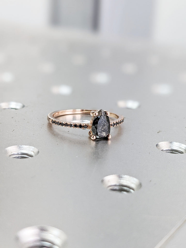 Vintage Pear shaped Salt and Pepper Diamond engagement ring art deco ring Rose gold Ring, black diamond, Bridal ring Half eternity ring