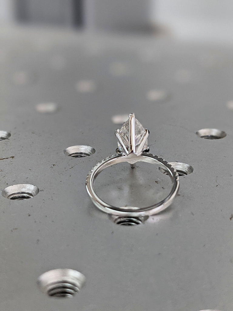 14k White Gold Thin Engagement Ring with Half Eternity Band: Marquise cut VVS Moissanite
