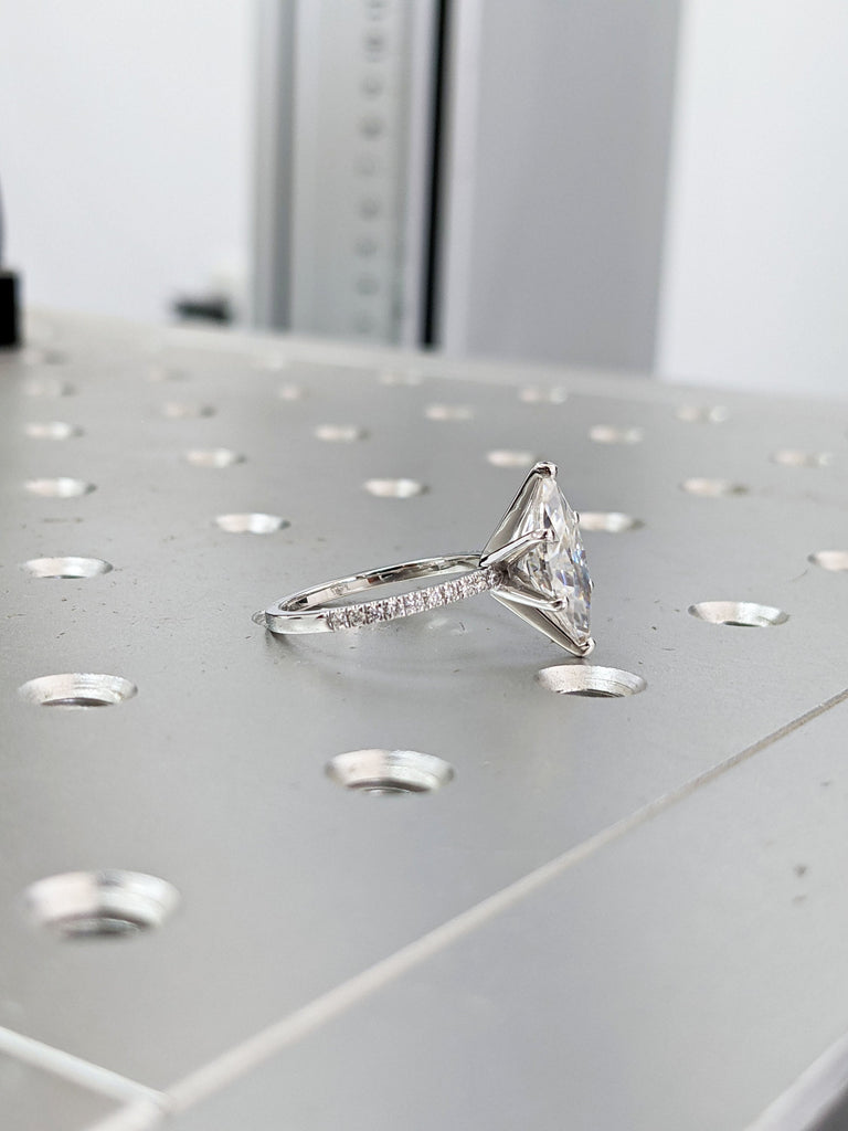 14k White Gold Thin Engagement Ring with Half Eternity Band: Marquise cut VVS Moissanite