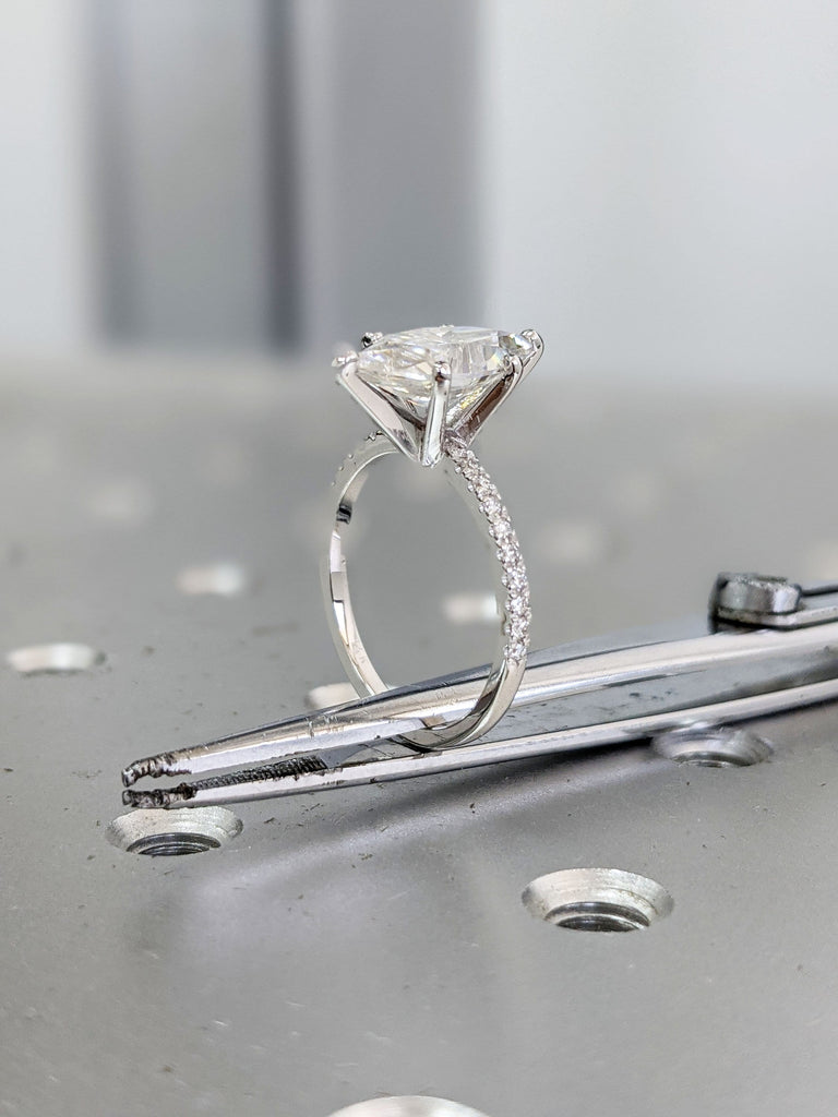 14k White Gold Thin Engagement Ring with Half Eternity Band: Marquise cut VVS Moissanite