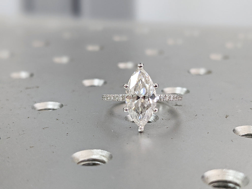 14k White Gold Thin Engagement Ring with Half Eternity Band: Marquise cut VVS Moissanite