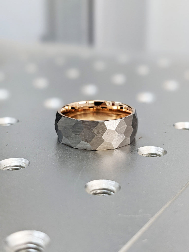 8mm Tungsten Ring, Ring for Men, Wide Hammered Ring, Domed Ring, Wide Band Ring, Rose Gold Plated Interior, Comfort Fit Hypoallergenic Ring