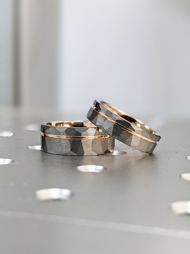 6MM Tungsten Ring | Rose Gold Tungsten Carbide Unisex Wedding Ring | Comfort Fit Male Engagement Ring | Hammered Top Rustic Manly Band