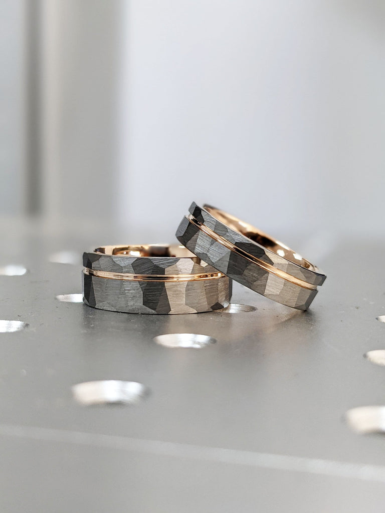 Male Promise Ring Gunmetal Tungsten Carbide: 8MM Wide Band, Hammered Brushed Finish with Rose Gold Groove