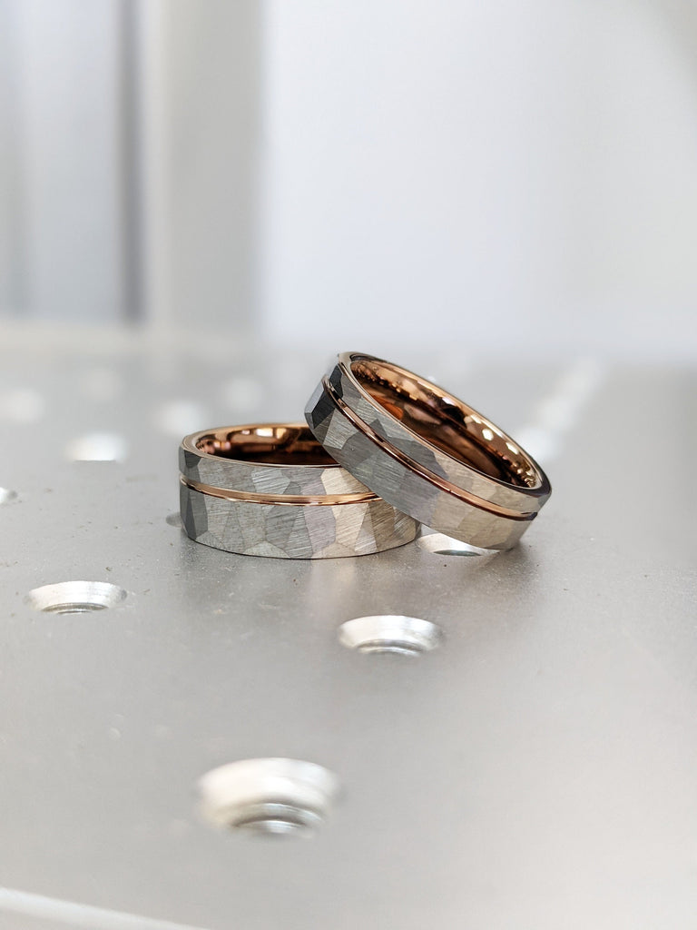 Espresso Tungsten Carbide Ring Wedding Bands Set | 8MM,6MM Women & Men Rose Gold Wedding Ring | Brushed Finish Hammered Tungsten Ring