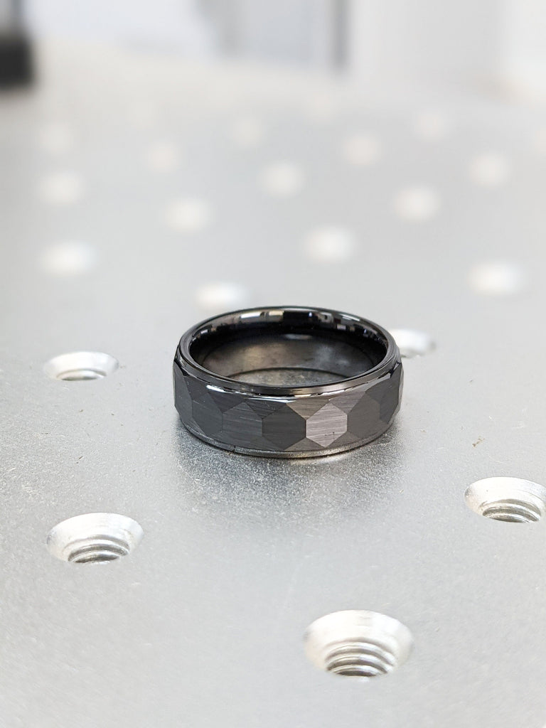 7mm Tungsten Male Wedding Bands | Hammered Comfort Fit Wedding Band | Black Tungsten Carbide Rings | Rustic Mens Ring | 7MM Wide Black Ring