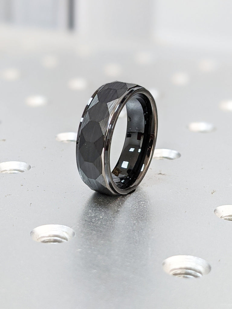 Black Tungsten Carbide Rings | Tungsten Wedding Bands for Him: 7MM, Black Plated, Hammered Hexagon Texture