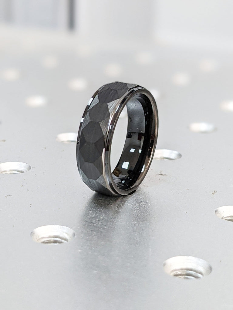 7mm Tungsten Male Wedding Bands | Hammered Comfort Fit Wedding Band | Black Tungsten Carbide Rings | Rustic Mens Ring | 7MM Wide Black Ring