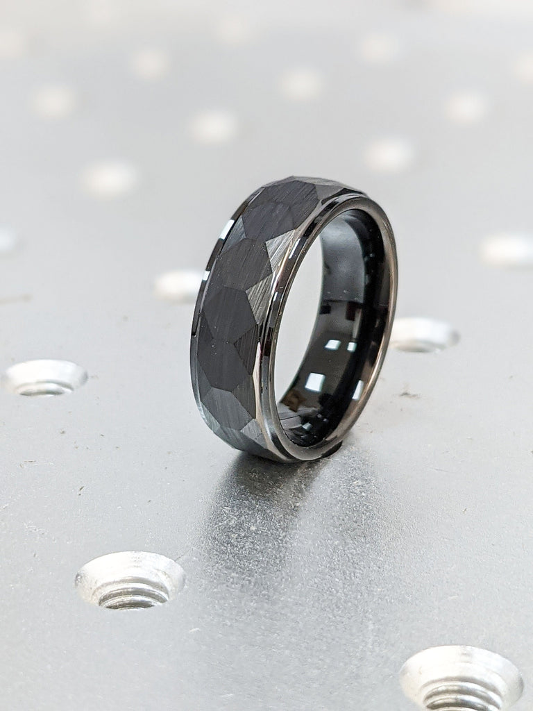 7mm Tungsten Male Wedding Bands | Hammered Comfort Fit Wedding Band | Black Tungsten Carbide Rings | Rustic Mens Ring | 7MM Wide Black Ring