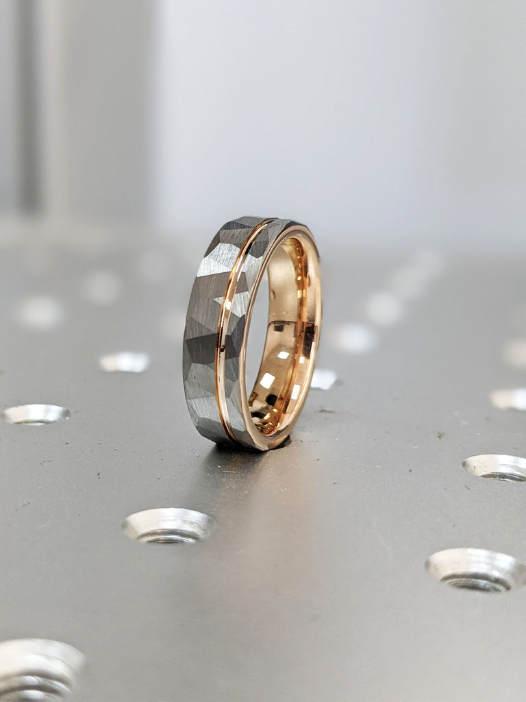 6MM Tungsten Ring | Rose Gold Tungsten Carbide Unisex Wedding Ring | Comfort Fit Male Engagement Ring | Hammered Top Rustic Manly Band